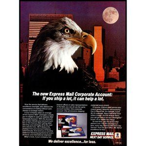 1984 USPS Express Mail Service Vintage Print Ad Bald Eagle Skyline Wall Art